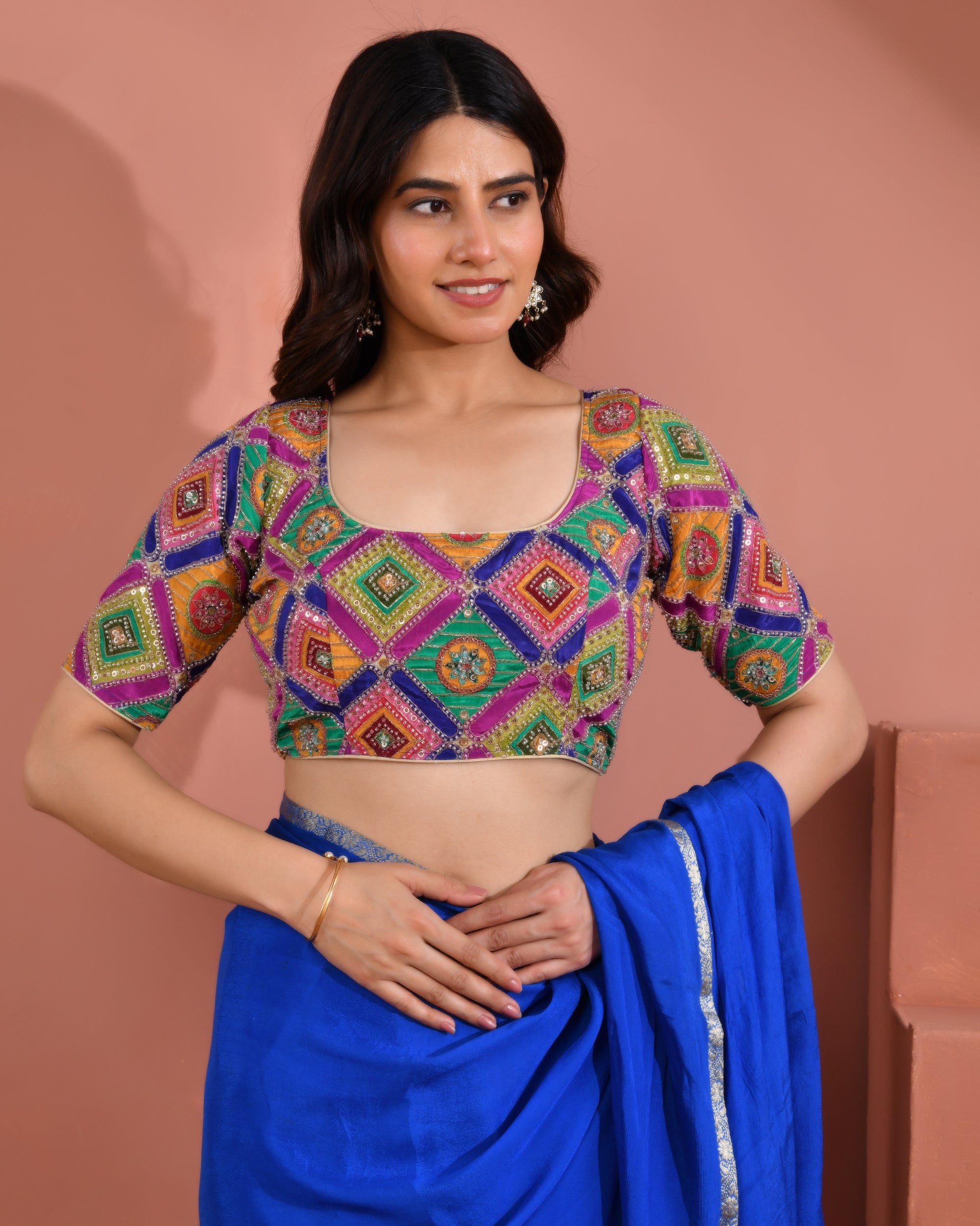 Amodini Designer Studio Women's Multicolor Geometric Pattern Cut Dana Embroidered Blouse - Distacart