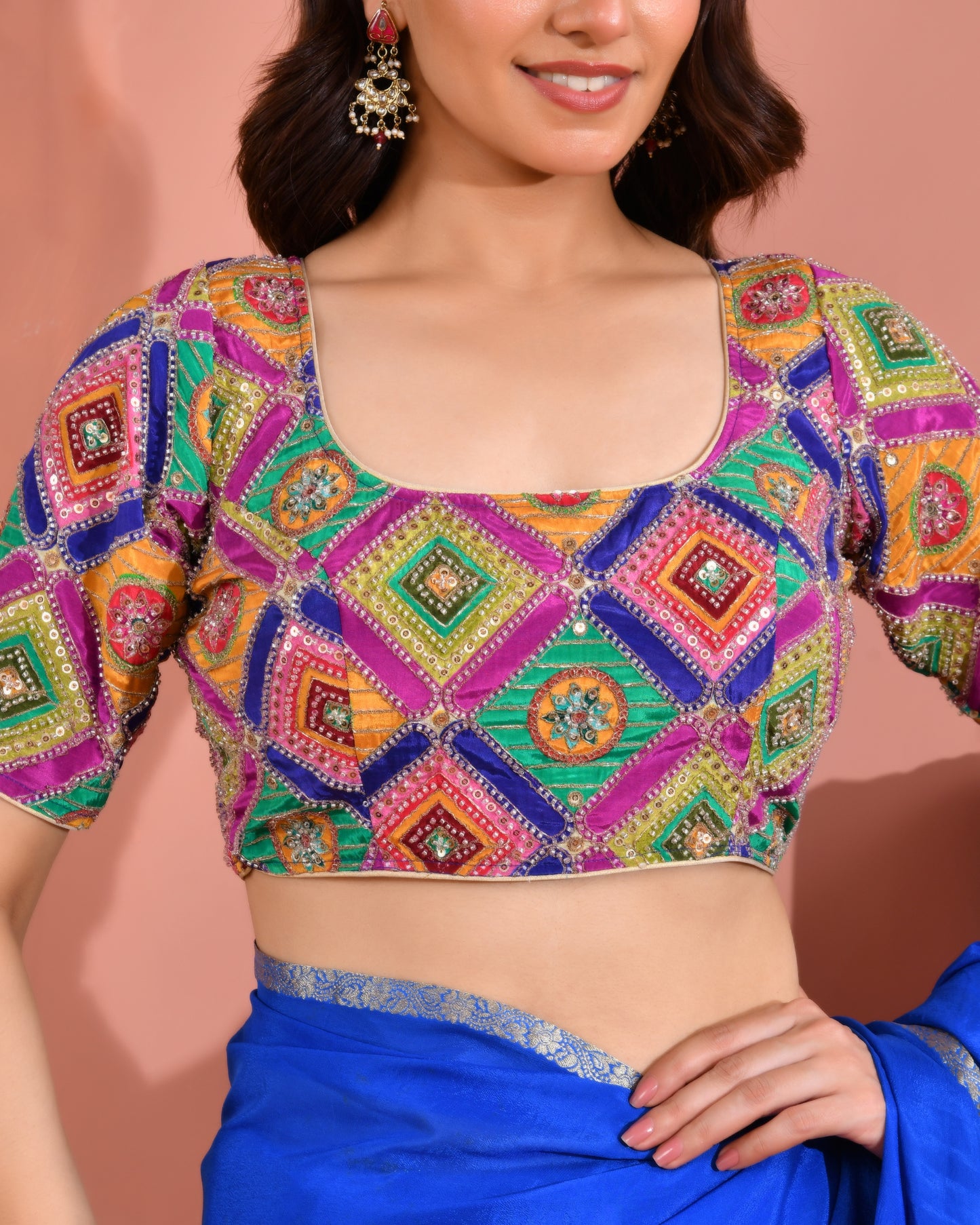 Amodini Designer Studio Women's Multicolor Geometric Pattern Cut Dana Embroidered Blouse - Distacart
