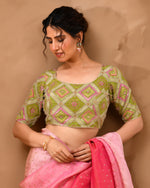 Thumbnail for Amodini Designer Studio Women's Green Geometric Pattern Cut Dana Embroidered Blouse - Distacart