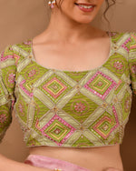 Thumbnail for Amodini Designer Studio Women's Green Geometric Pattern Cut Dana Embroidered Blouse - Distacart