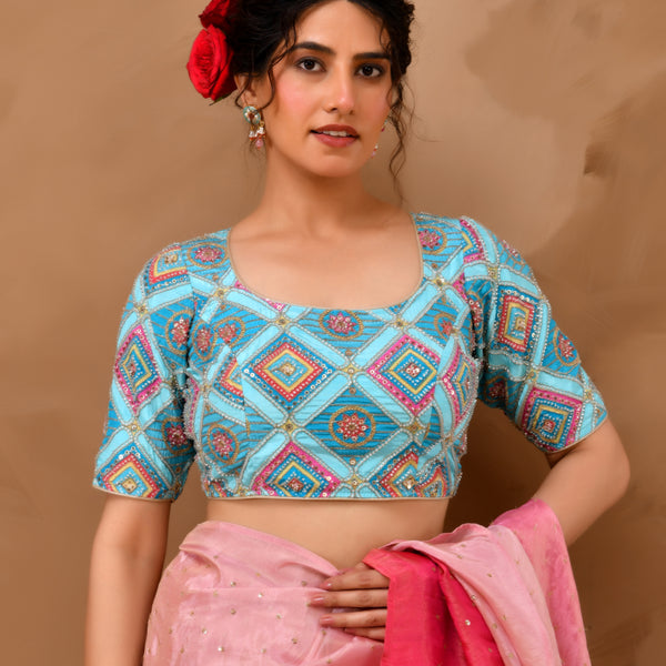 Amodini Designer Studio Women's Sky Blue Geometric Pattern Cut Dana Embroidered Blouse - Distacart