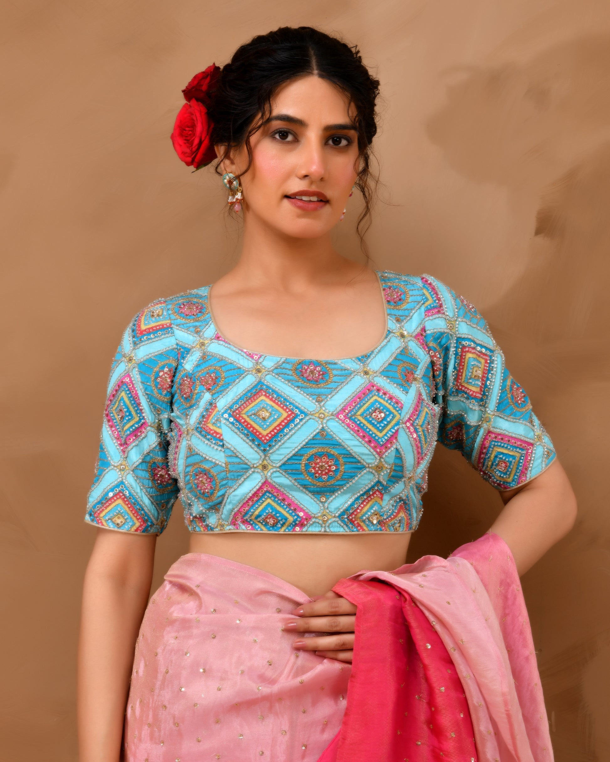 Amodini Designer Studio Women's Sky Blue Geometric Pattern Cut Dana Embroidered Blouse - Distacart