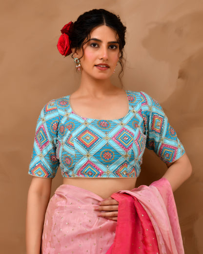 Amodini Designer Studio Women's Sky Blue Geometric Pattern Cut Dana Embroidered Blouse - Distacart