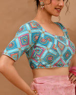 Thumbnail for Amodini Designer Studio Women's Sky Blue Geometric Pattern Cut Dana Embroidered Blouse - Distacart