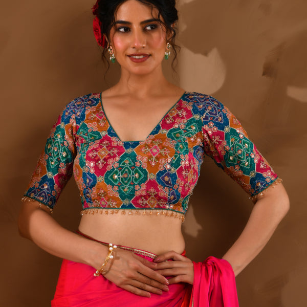 Amodini Designer Studio Women's Multicolored Zari Embroidered Glass Neck Blouse With Sleeves - Distacart