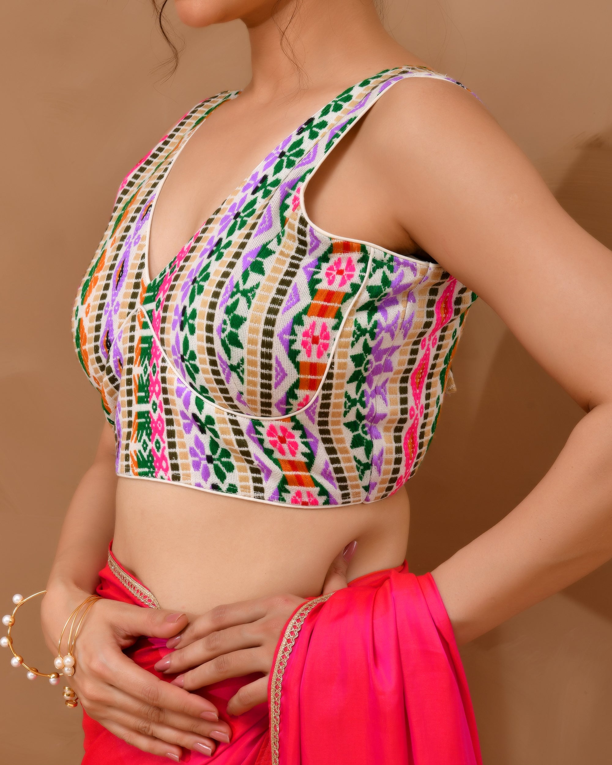 Amodini Designer Studio Women's White Multicoloured V Neck Jacquard Blouse - Distacart