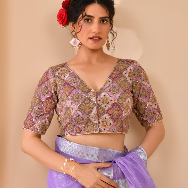 Amodini Designer Studio Women's Lavender Geometric Pattern Embroidered Blouse - Distacart