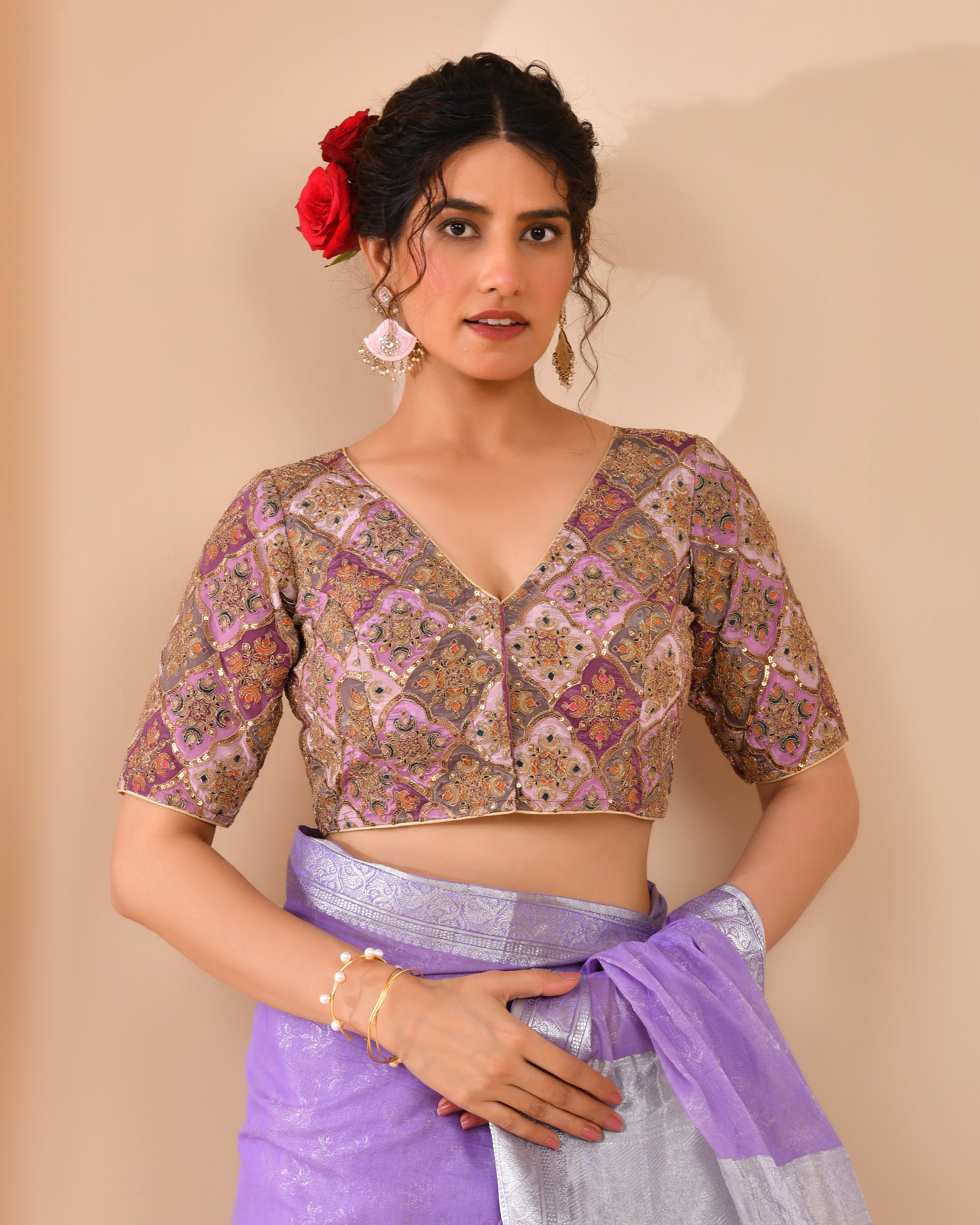 Amodini Designer Studio Women's Lavender Geometric Pattern Embroidered Blouse - Distacart