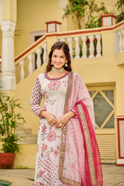 Joban Fashion Pink/white Kurta Set Georgette Embroidery Sequence Work - Distacart