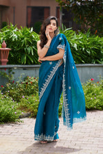Thumbnail for Vastranavya Teal Embroidery Work Shimmer Chiffon Saree with Unstitched Blouse