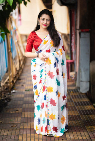 White Poly Georgette Ethnic Motifs Saree with Unstitched Blouse - A2M - Distacart