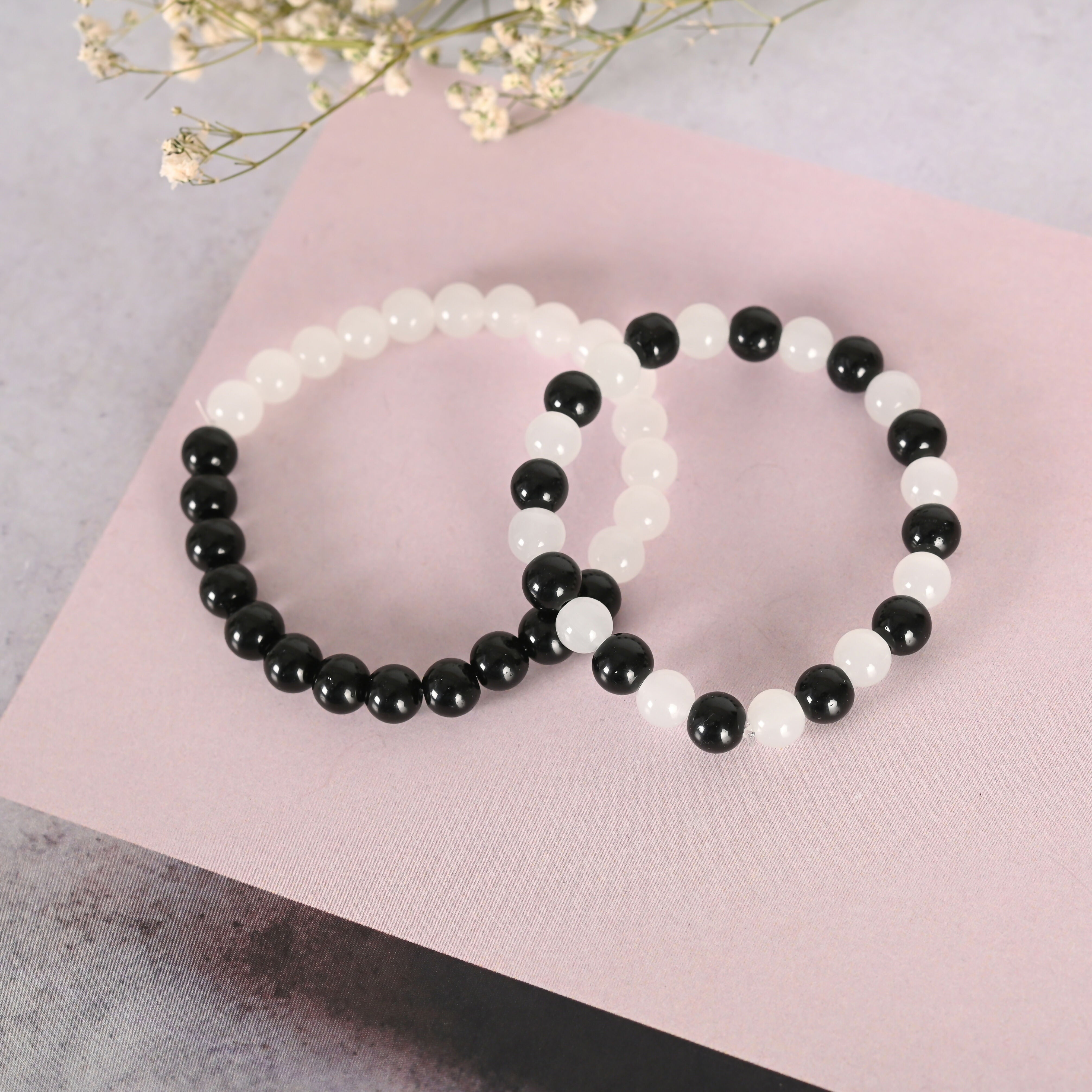 NVR Men & Women White & Black Marbel Crystal Elasticated Bracelet - Distacart