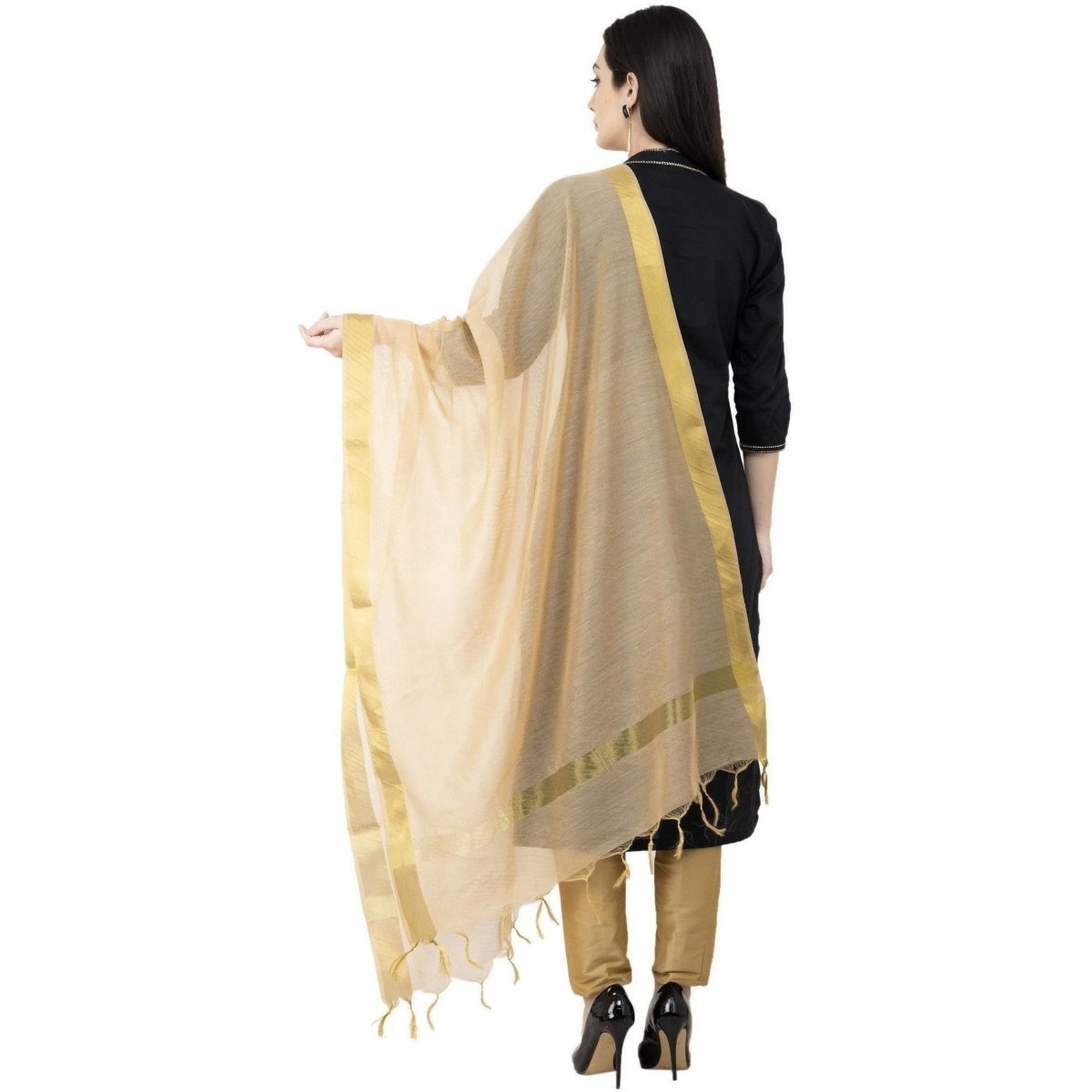 A R SILK Chanderi Chhoda Patta Regular Dupatta Golden Color Dupatta or Chunni