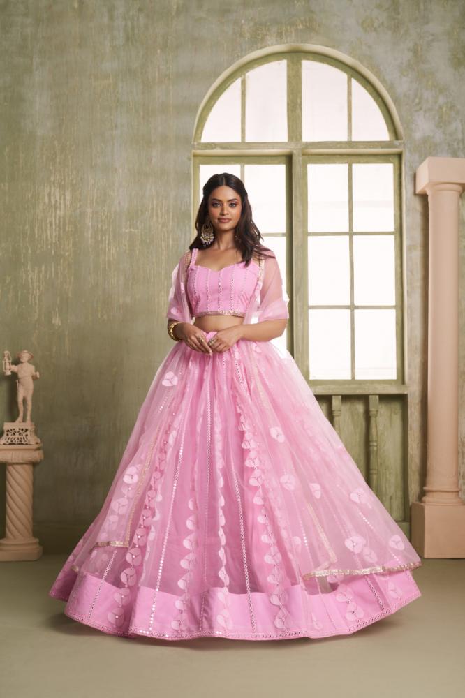 Aastha Fashion Pink Butterfly Net Tone To Tone Cotton Thread Work And Sequence Work Embroidery Wedding Wear Lehenga Choli - Distacart