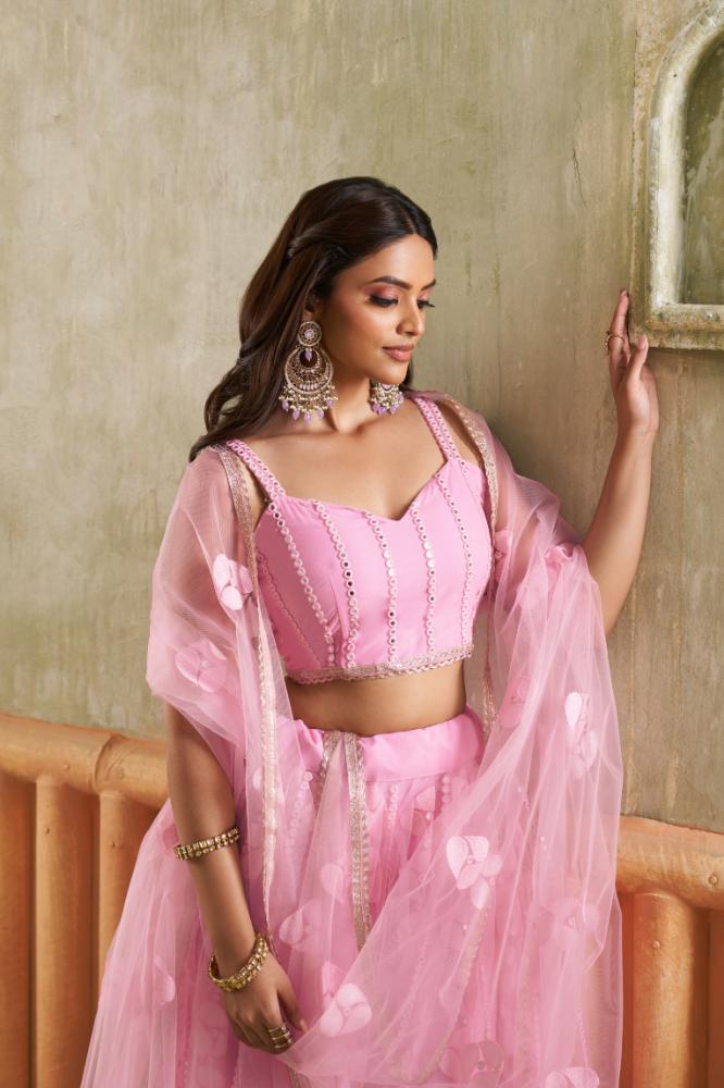 Aastha Fashion Pink Butterfly Net Tone To Tone Cotton Thread Work And Sequence Work Embroidery Wedding Wear Lehenga Choli - Distacart
