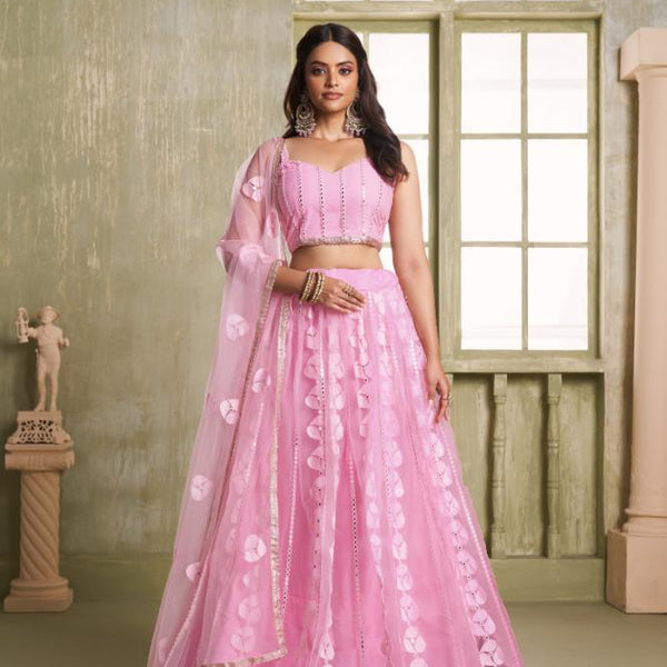 Aastha Fashion Pink Butterfly Net Tone To Tone Cotton Thread Work And Sequence Work Embroidery Wedding Wear Lehenga Choli - Distacart