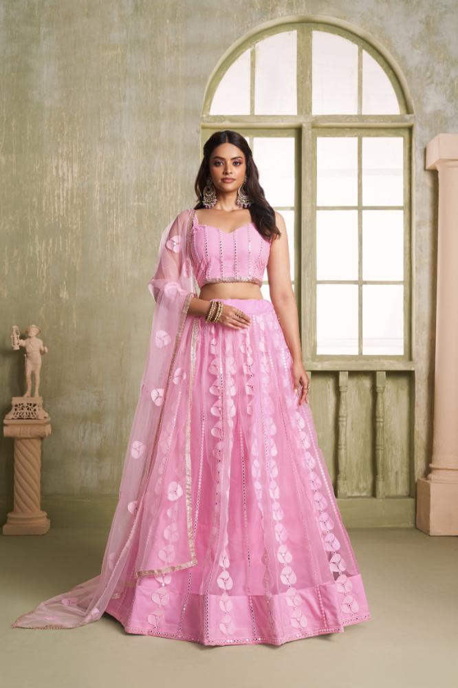 Aastha Fashion Pink Butterfly Net Tone To Tone Cotton Thread Work And Sequence Work Embroidery Wedding Wear Lehenga Choli - Distacart
