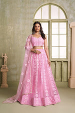 Thumbnail for Aastha Fashion Pink Butterfly Net Tone To Tone Cotton Thread Work And Sequence Work Embroidery Wedding Wear Lehenga Choli - Distacart