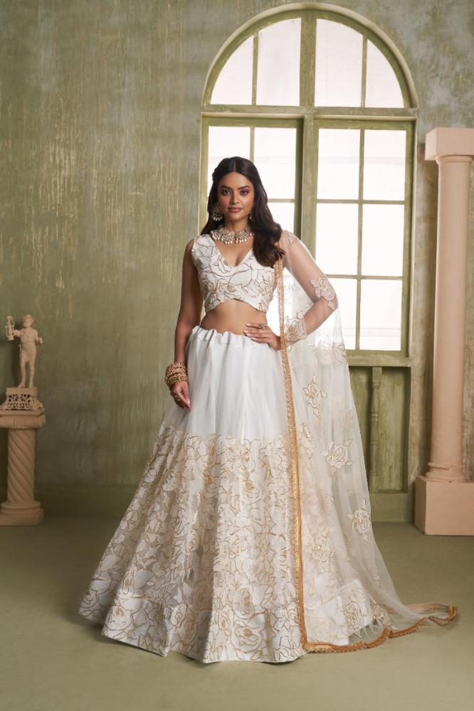 Aastha Fashion White Butterfly Net White Cotton Thread Work And Sequence Work Embroidery Wedding Wear Lehenga Choli - Distacart