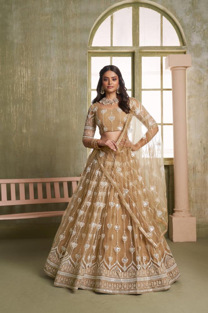 Aastha Fashion Chiku Butterfly Net White Cotton Thread Work And Sequence Work Embroidery Wedding Wear Lehenga Choli - Distacart