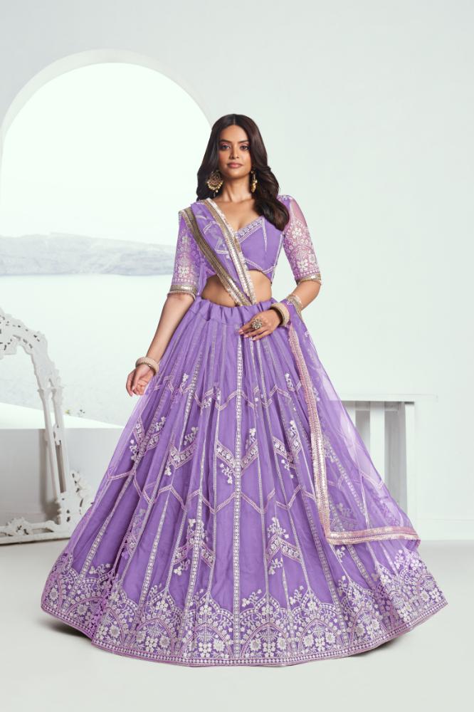 Aastha Fashion Lavender Butterfly Net White Cotton Thread Work And Sequence Work Embroidery Wedding Wear Lehenga Choli - Distacart