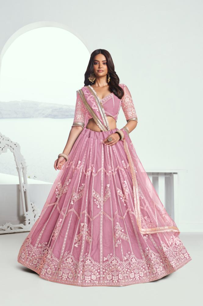Aastha Fashion Pink Butterfly Net White Cotton Thread Work And Sequence Work Embroidery Wedding Wear Lehenga Choli - Distacart