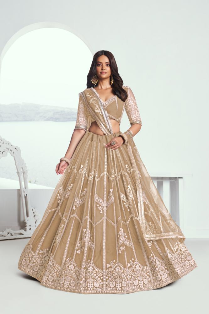 Aastha Fashion Chiku(Beige) Butterfly Net White Cotton Thread Work And Sequence Work Embroidery Wedding Wear Lehenga Choli - Distacart