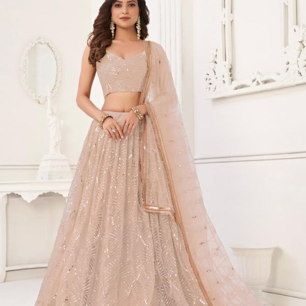 Aastha Fashion Peach Butterfly Net Tone To Tone Cotton Thread Work With Sequence Work Embroidery Wedding Wear Lehenga Choli - Distacart