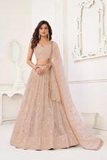Thumbnail for Aastha Fashion Peach Butterfly Net Tone To Tone Cotton Thread Work With Sequence Work Embroidery Wedding Wear Lehenga Choli - Distacart