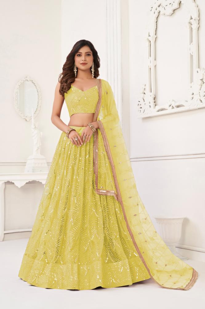 Aastha Fashion Lemon Yellow Butterfly Net Tone To Tone Cotton Thread Work With Sequence Work Embroidery Wedding Wear Lehenga Choli - Distacart
