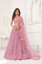 Thumbnail for Aastha Fashion Dusty Pink Butterfly Net Tone To Tone Cotton Thread Work With Sequence Work Embroidery Wedding Wear Lehenga Choli - Distacart