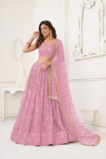 Thumbnail for Aastha Fashion Dusty Pink Butterfly Net Tone To Tone Cotton Thread Work With Sequence Work Embroidery Wedding Wear Lehenga Choli - Distacart