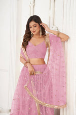 Thumbnail for Aastha Fashion Dusty Pink Butterfly Net Tone To Tone Cotton Thread Work With Sequence Work Embroidery Wedding Wear Lehenga Choli - Distacart