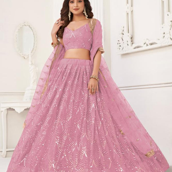 Aastha Fashion Dusty Pink Butterfly Net Tone To Tone Cotton Thread Work With Sequence Work Embroidery Wedding Wear Lehenga Choli - Distacart