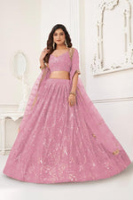 Thumbnail for Aastha Fashion Dusty Pink Butterfly Net Tone To Tone Cotton Thread Work With Sequence Work Embroidery Wedding Wear Lehenga Choli - Distacart