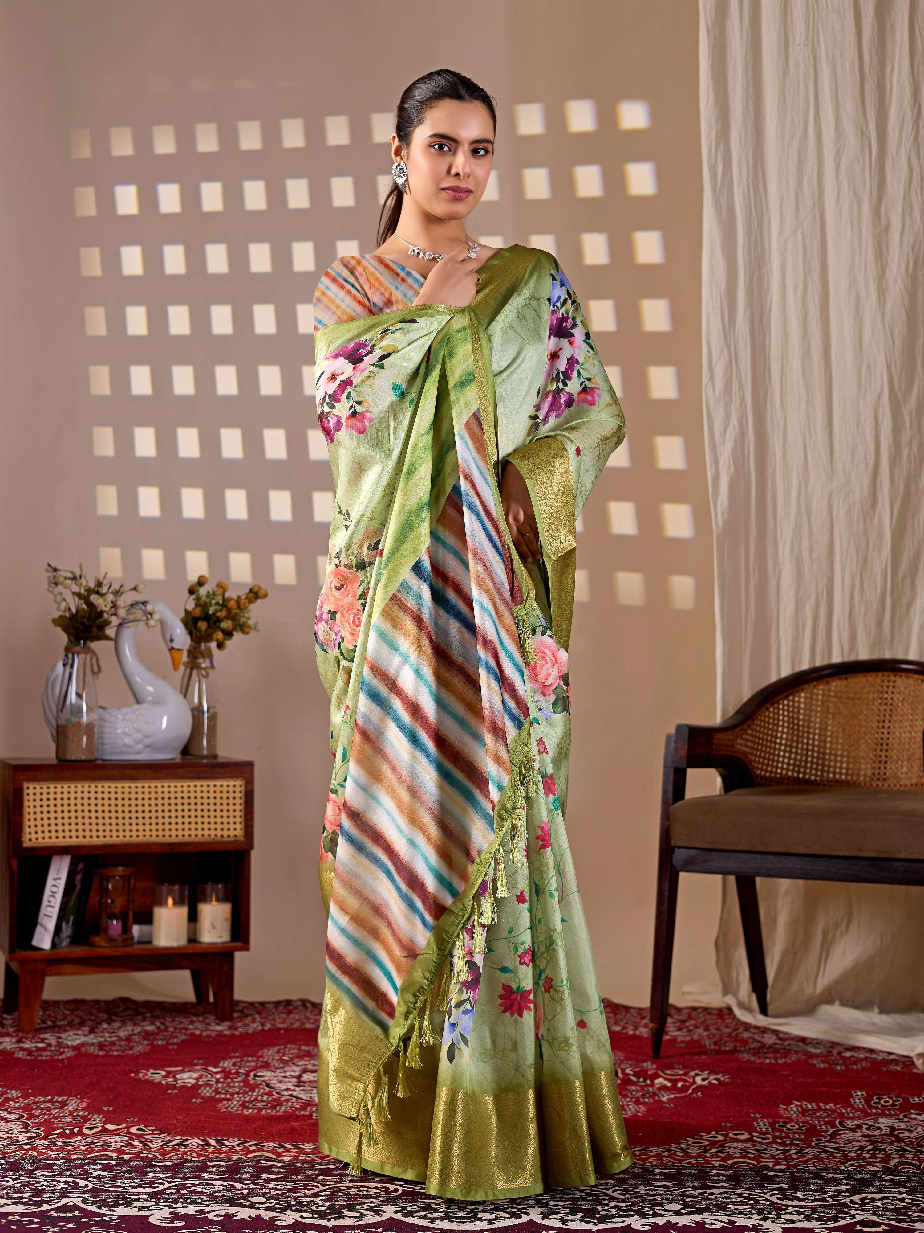 Aastha Fashion Green Soft Lichi Silk Printed Saree - Distacart