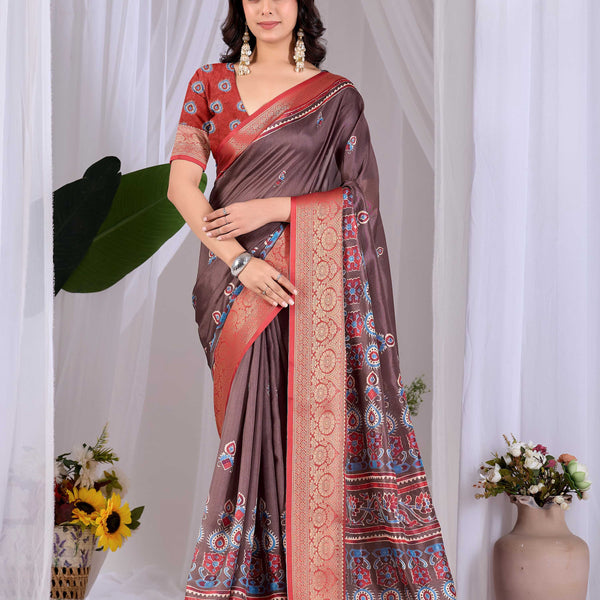 Aastha Fashion Light Brown Soft Lichi Silk Printed Saree - Distacart