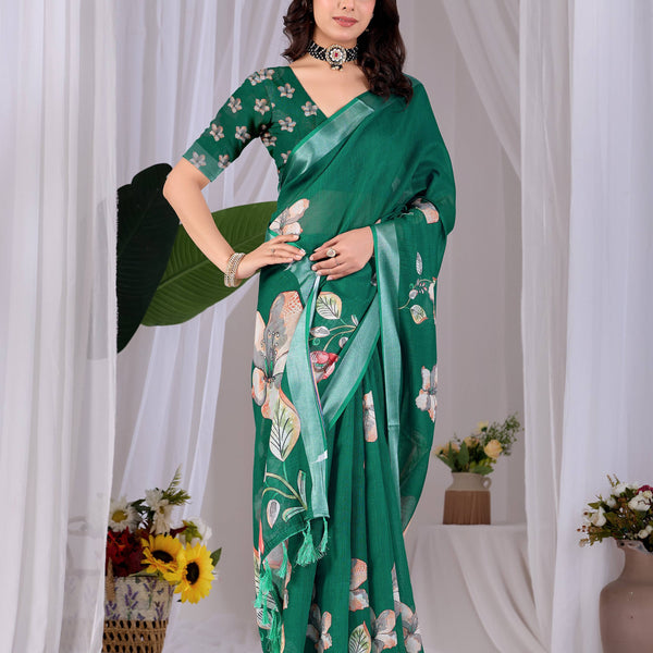 Aastha Fashion Green Soft Linen Cotton Printed Saree - Distacart