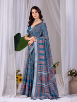 Thumbnail for Aastha Fashion Teal Blue Soft Linen Cotton Printed Saree - Distacart