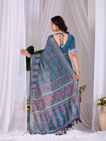 Thumbnail for Aastha Fashion Teal Blue Soft Linen Cotton Printed Saree - Distacart