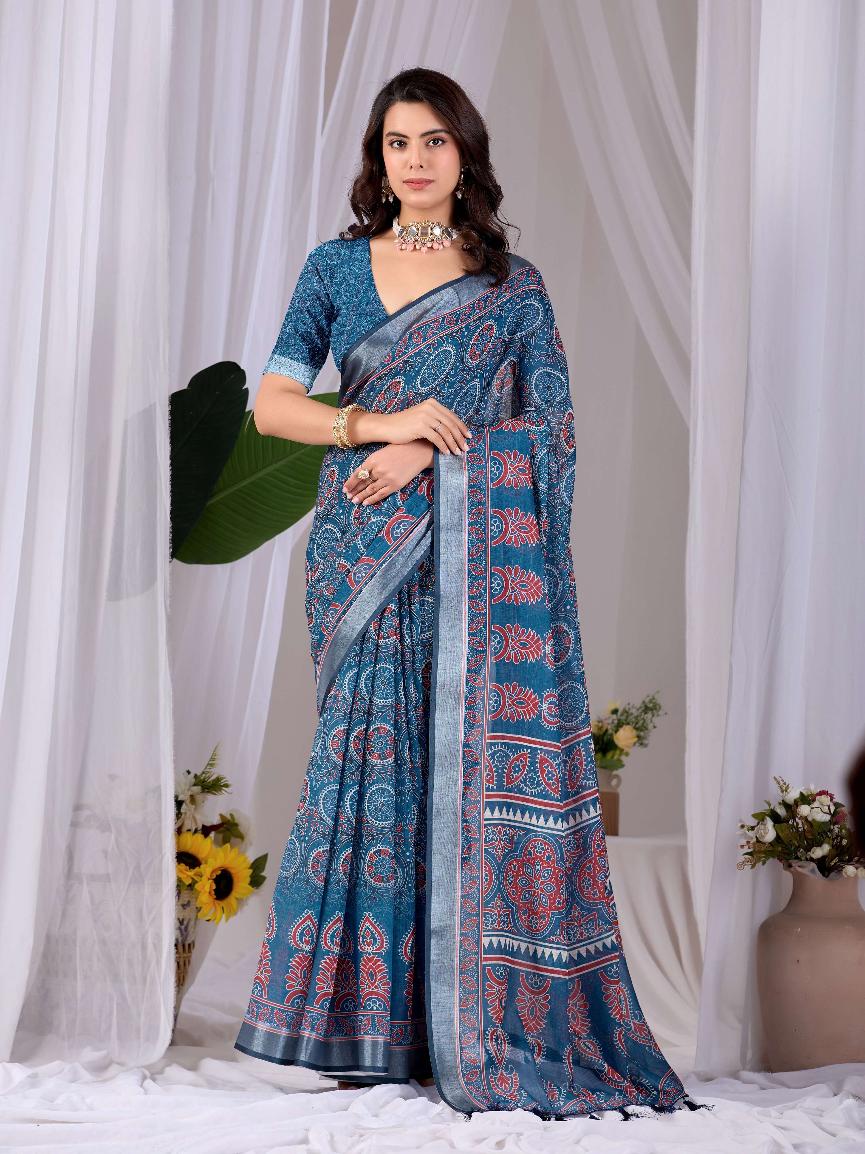 Aastha Fashion Teal Blue Soft Linen Cotton Printed Saree - Distacart