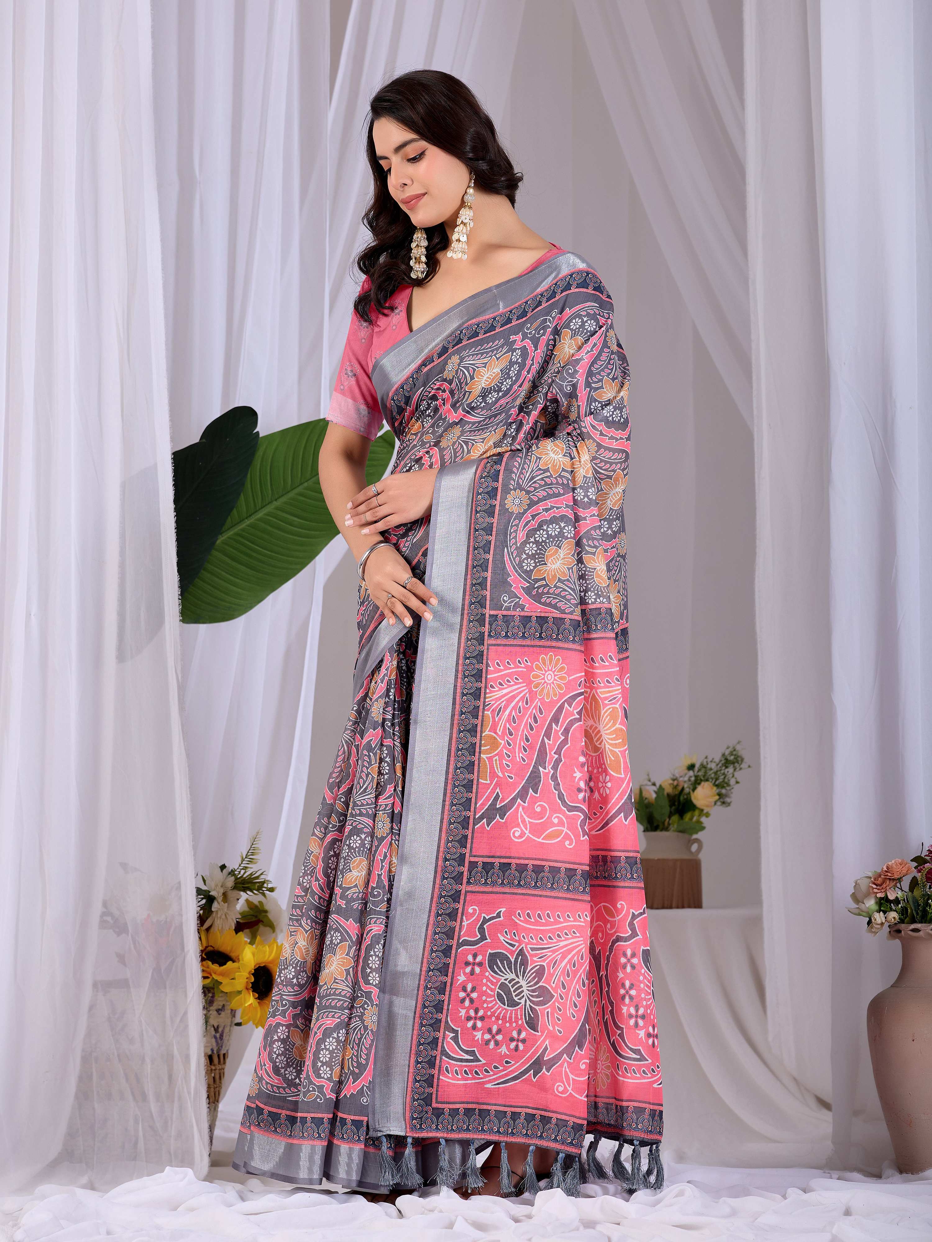 Aastha Fashion Pink Soft Linen Cotton Printed Saree - Distacart
