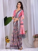 Thumbnail for Aastha Fashion Pink Soft Linen Cotton Printed Saree - Distacart