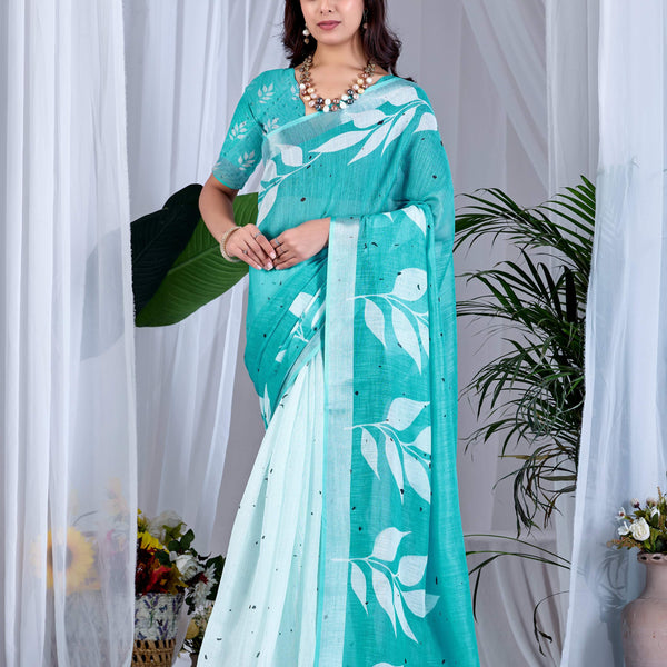 Aastha Fashion See Green Soft Linen Cotton Printed Saree - Distacart