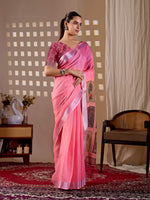 Thumbnail for Aastha Fashion Pink Soft Linen Cotton Printed Saree - Distacart