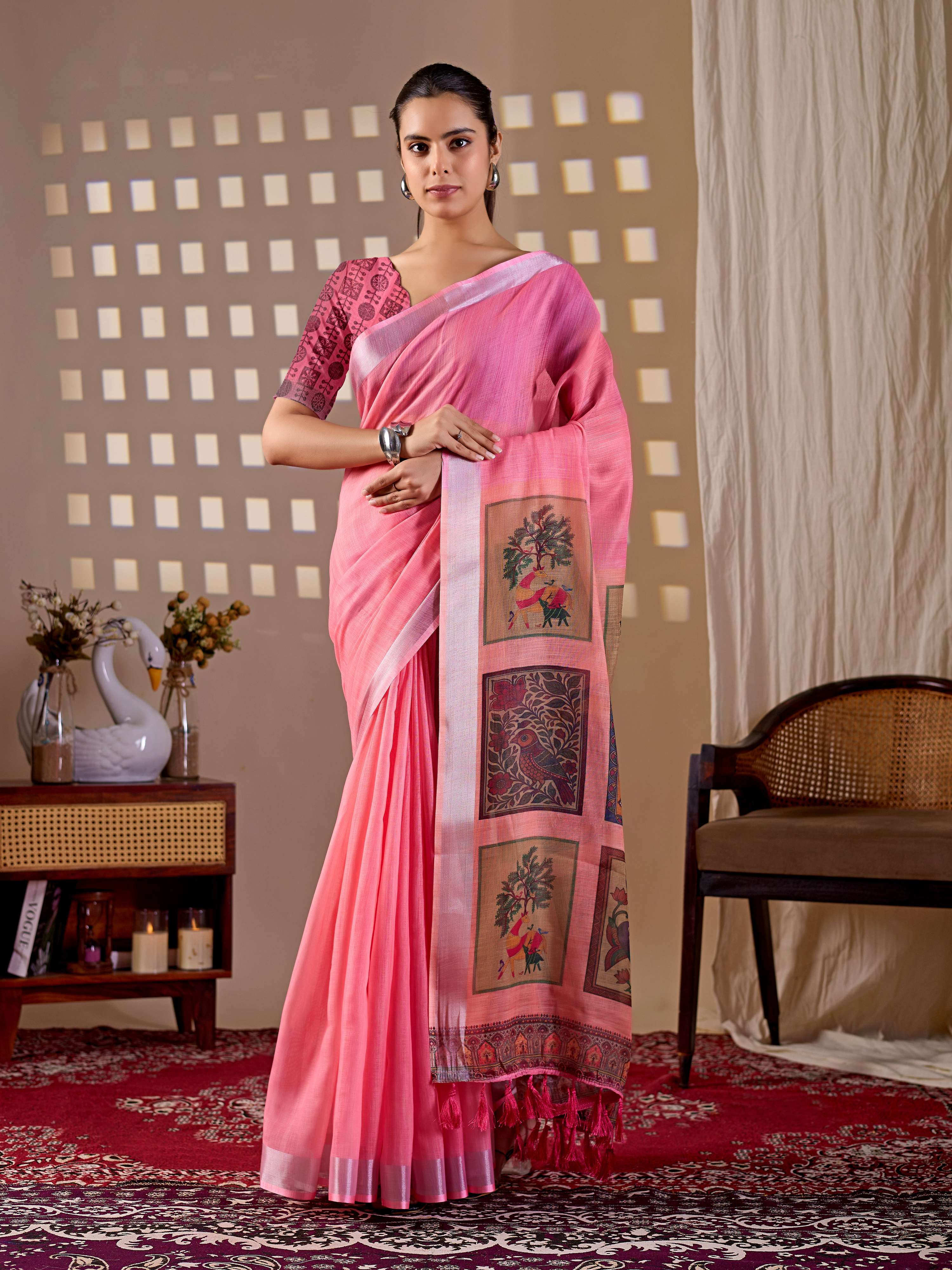Aastha Fashion Pink Soft Linen Cotton Printed Saree - Distacart