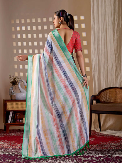 Aastha Fashion Multi Soft Linen Cotton Printed Saree - Distacart
