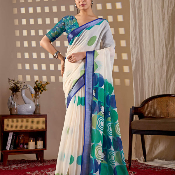 Aastha Fashion Cream Soft Linen Cotton Printed Saree - Distacart