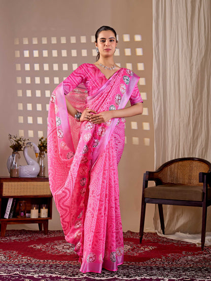 Aastha Fashion Pink Soft Linen Cotton Printed Saree - Distacart