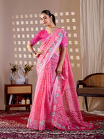 Thumbnail for Aastha Fashion Pink Soft Linen Cotton Printed Saree - Distacart